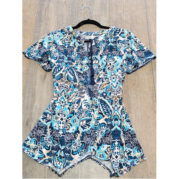 PerSeption Concepts Top Womens Small Blue Print Short Flutter Sleeve Stretch - Picture 9 of 10